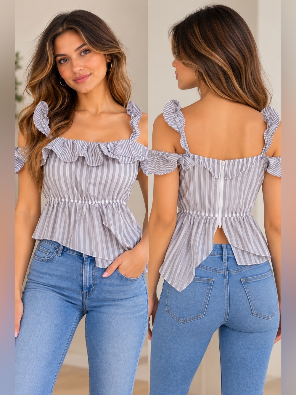 NWT Victoria’s Secret Blouse Women's Size XS/XP Gray Striped Ruffle Peplum Top